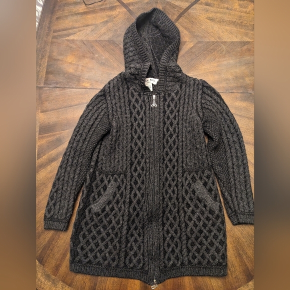 Aran Mór Ireland Hooded Merino Wool Cardigan Sweater Zip Celtic Knit Medium - Picture 1 of 9
